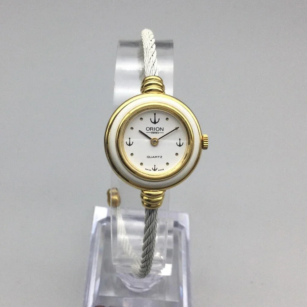 Orion Womens Watch 21mm White Dial Gold Bezel Cable Bangle Swiss New Battery